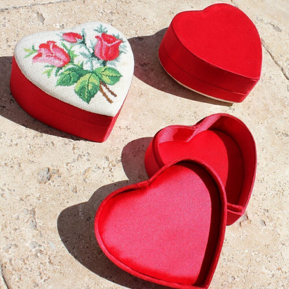 Needlepoint Mini Petite Stitch Roses Floral Red Heart Containers Set of 3